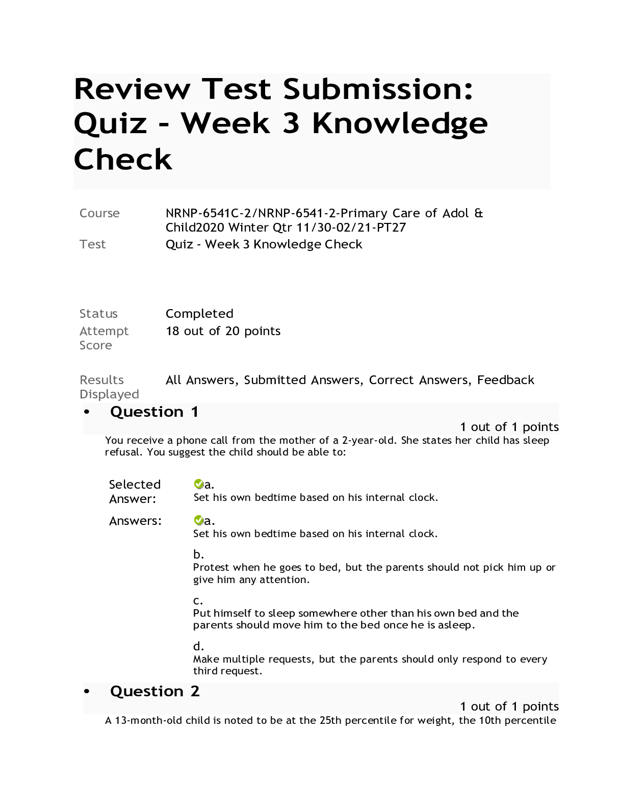 Preview of NRNP-6541C 2 -NRNP-6541-Primary Care of Adol & Child WEEK 3 EXAM 2020
